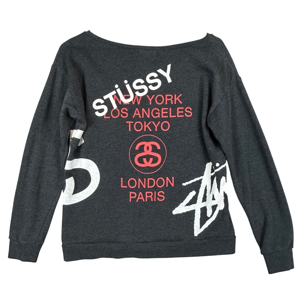 Stussy World Tour Graphic Sweatshirt Charcoal Gray Women Small Boat Neck Fleece - Picture 2 of 9